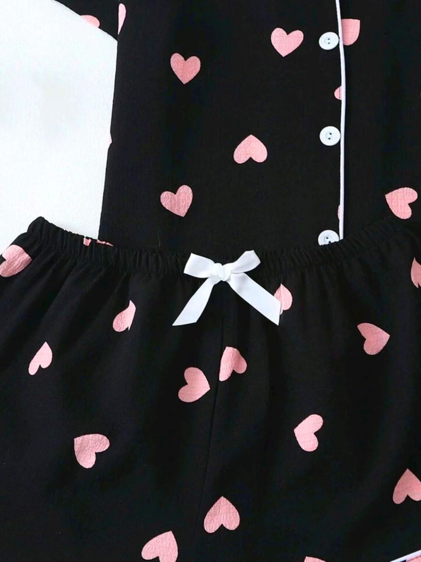 Women's Heart Print Short Sleeve Shirt & Elastic Waist Shorts Pyjama Two-piece Set, Casual Comfy Top & Shorts PJ Set, Ladies Sleepwear for All Seasons Pajamas Loungewear