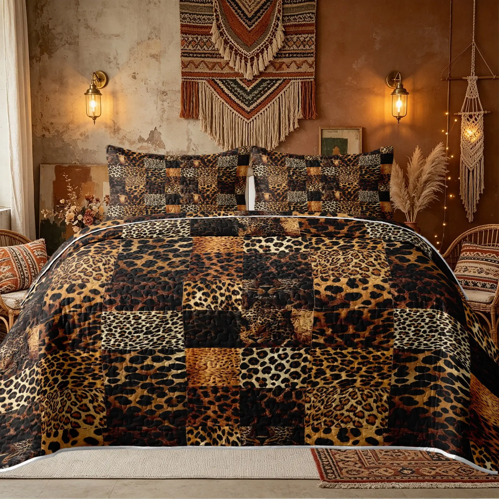 3Pcs Leopard Patchwork Quilt Set Includes 1 Quilt and 2 Pillowcases Multi Color Leopard Print Block Patchwork Wild Retro Animal Print Style Reversible Lightweight Bedding No Inner Filling All Season Unique Home Gift Bedspread Set