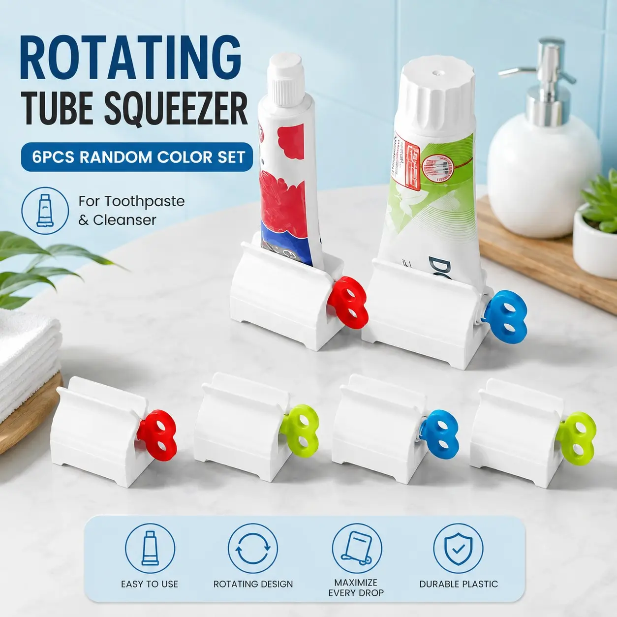 6-Piece Adjustable Manual Toothpaste Dispenser Set, No Power Needed, Multi-Functional, Easy-To-Use Bathroom Organizer, Durable Design, Colorful Covers