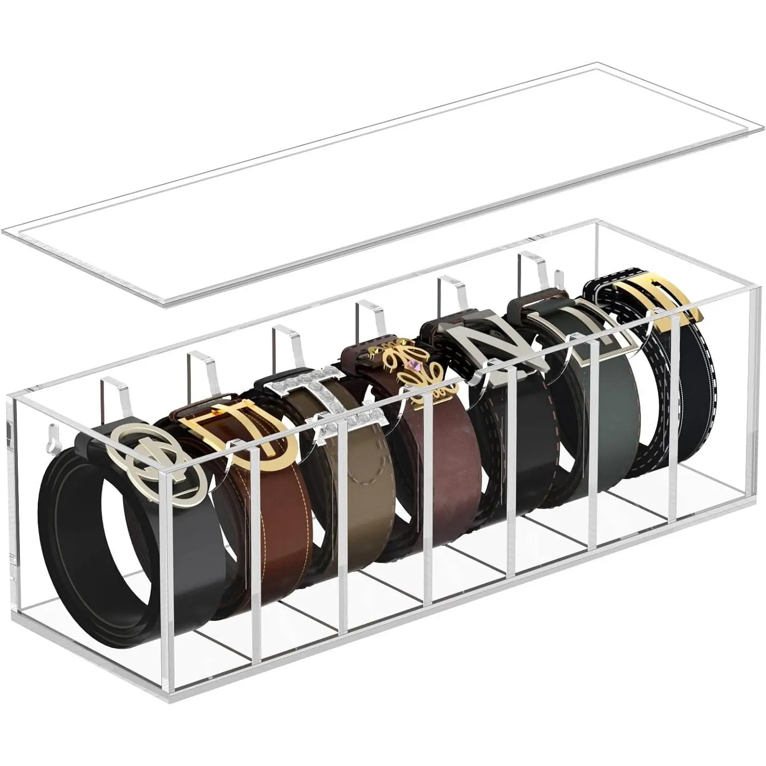 Acrylic Belt Organizers for Closet 7-Slots Belt Box with Dust Cover Clear Acrylic Shelf Belt Holders for Closet & Drawer Storage Organizer Case for Women Men Belts Ties Jewelry