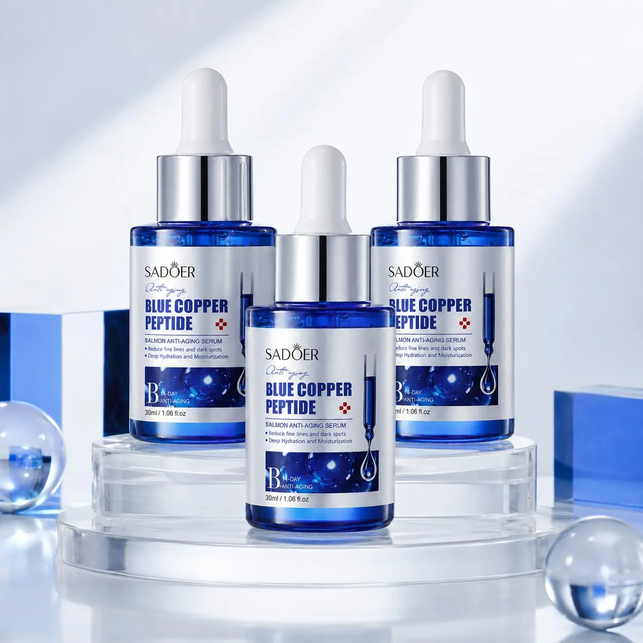 SADOER Blue Copper Peptide Face Serum 30ml / 1.06 fl oz × 3 with Sodium DNA, Niacinamide and Sodium Hyaluronate, Hydrating Lightweight Daily Facial Care, 3 Pack