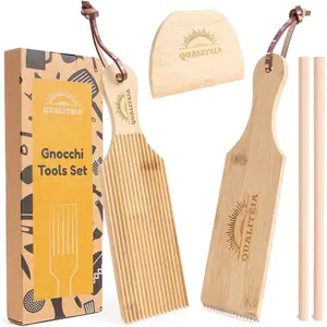 Gnocchi Board Set for Rolling Dough - 2x Paddles, 2x Rollers & 1x Cutter, Bamboo Pasta Shaper Tools for Garganelli Cavatelli Tortellini Cavarola