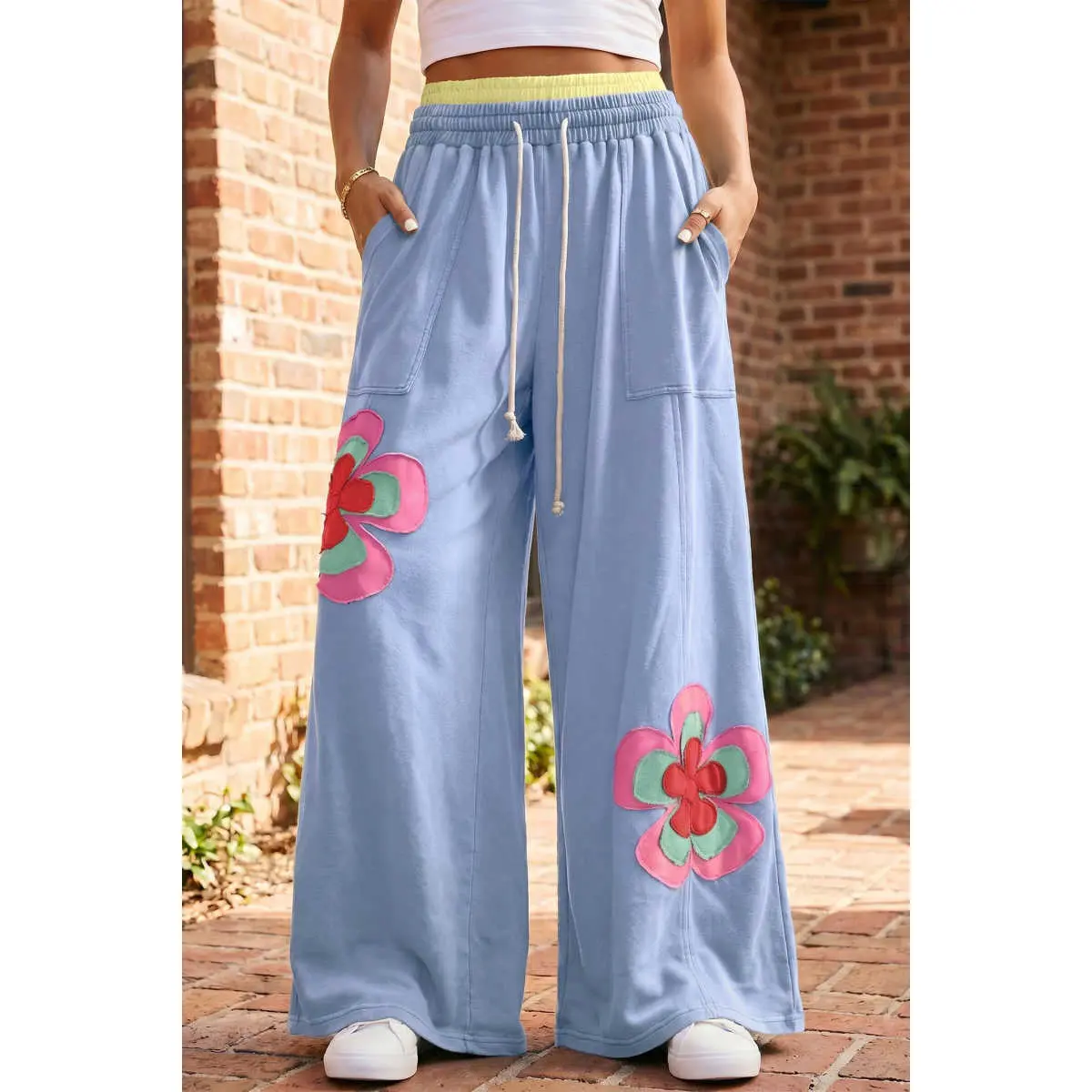 Sky Blue Color Block Flower Patchwork Drawstring Contrasted Elastic Waist Wide Leg Pants,back to school shopping
