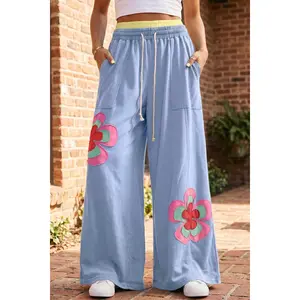 Sky Blue Color Block Flower Patchwork Drawstring Contrasted Elastic Waist Wide Leg Pants