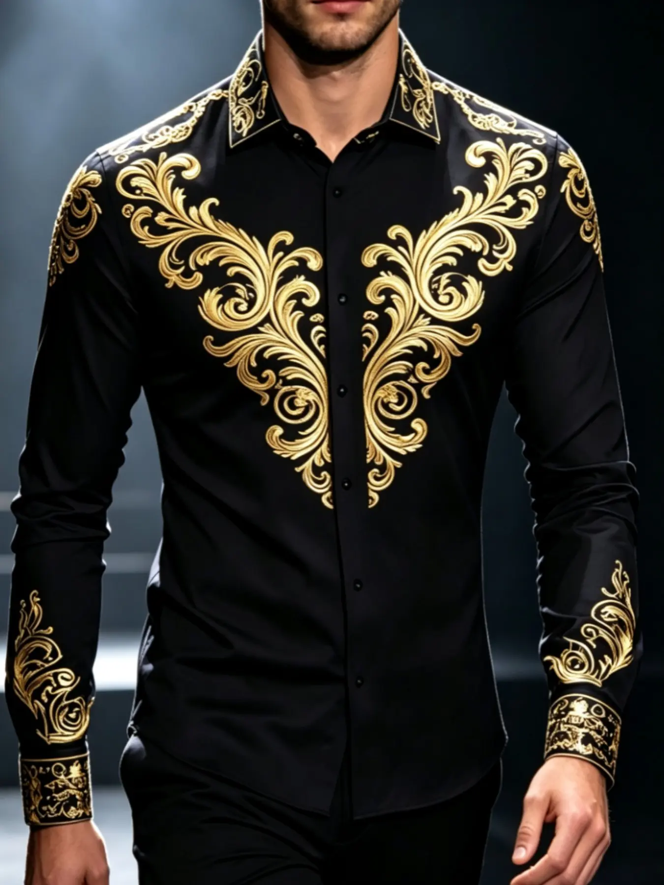 Vintage Floral Baroque Men's Long Sleeve Shirt, Retro Style Slim-Fitting Top, All Seasons Unlined Clothing, Full Placket Design