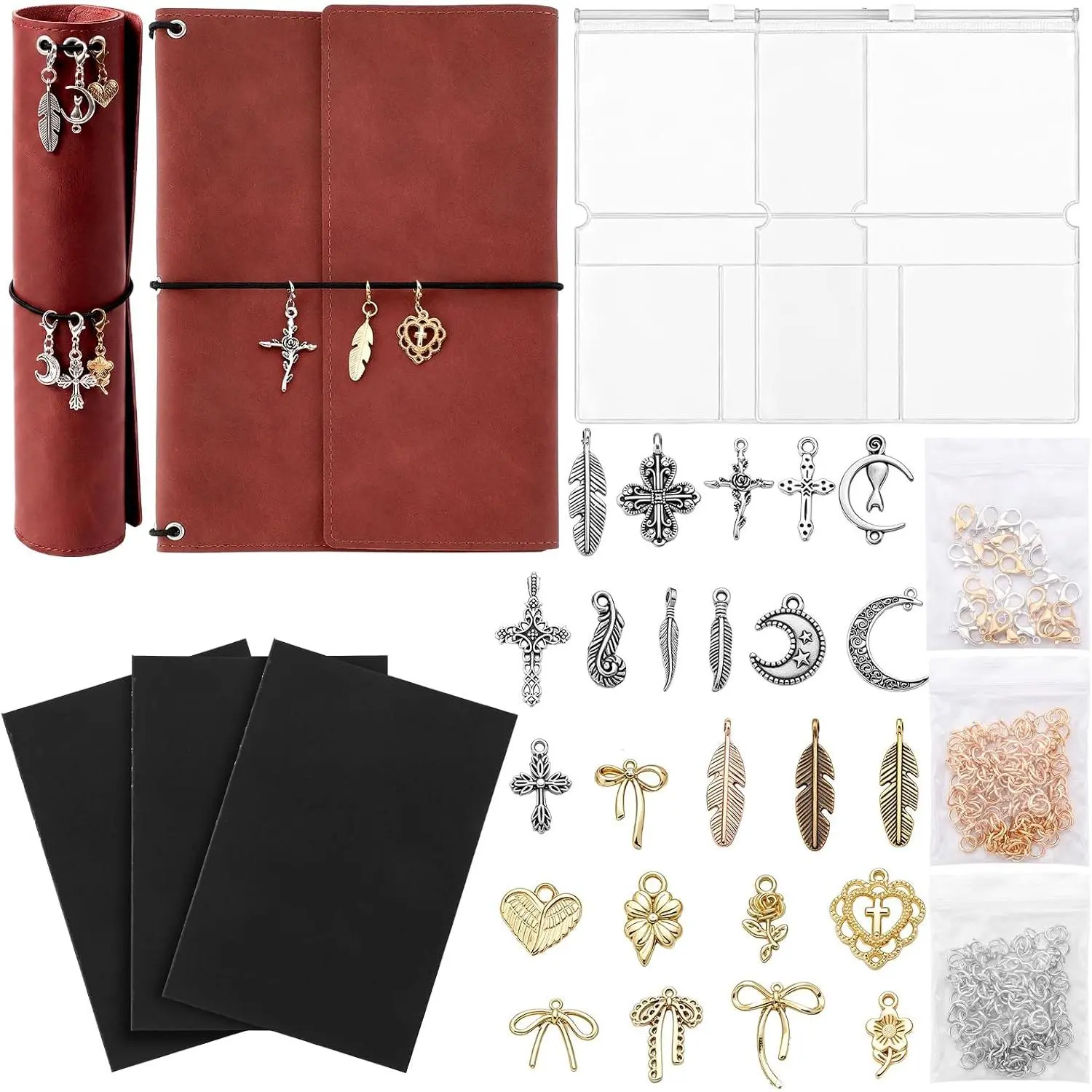 A5 Journal Notebook and DIY  Kit Refillable Trifold Notebook Cover with 3 Blank Lined Grid Insert 2 Card Slots 24 Styles Journal Charms Lobster Clasps for Writing Travelers  Making