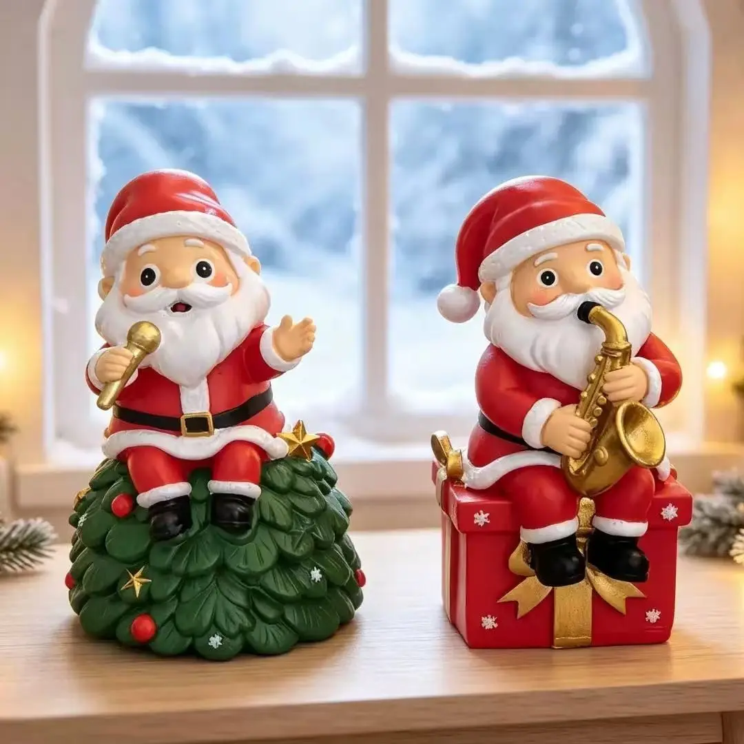 Christmas Santa Resin Figurine, Cute Musical Christmas Ornament Playing Saxophone and Singing with Microphone, Desktop Decor, Holiday Gift