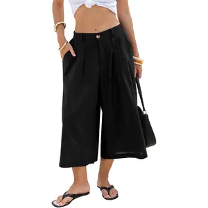 Womens Linen Capri Pants Summer Wide Leg Palazzo Pant Cotton Dressy Casual Cropped Gaucho Pant Culottes with Pockets