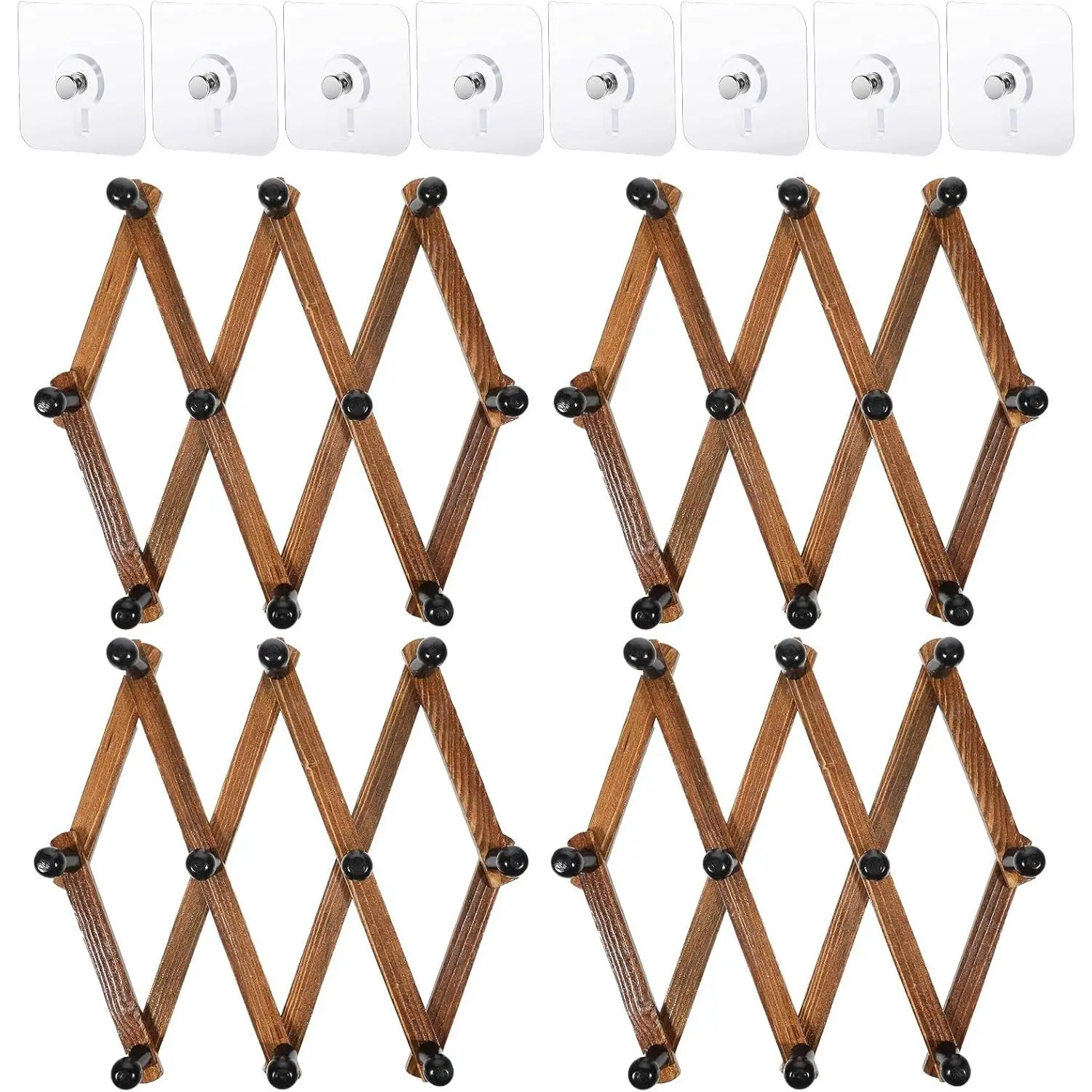 4 Pack Wooden Expandable Accordion Wall Hanger with 10 Peg Hooks, X Shape Expandable Wall Mounted Hanger for Coats Baseball Caps Keys & Mugs Coffee Mugs Scarf Hat