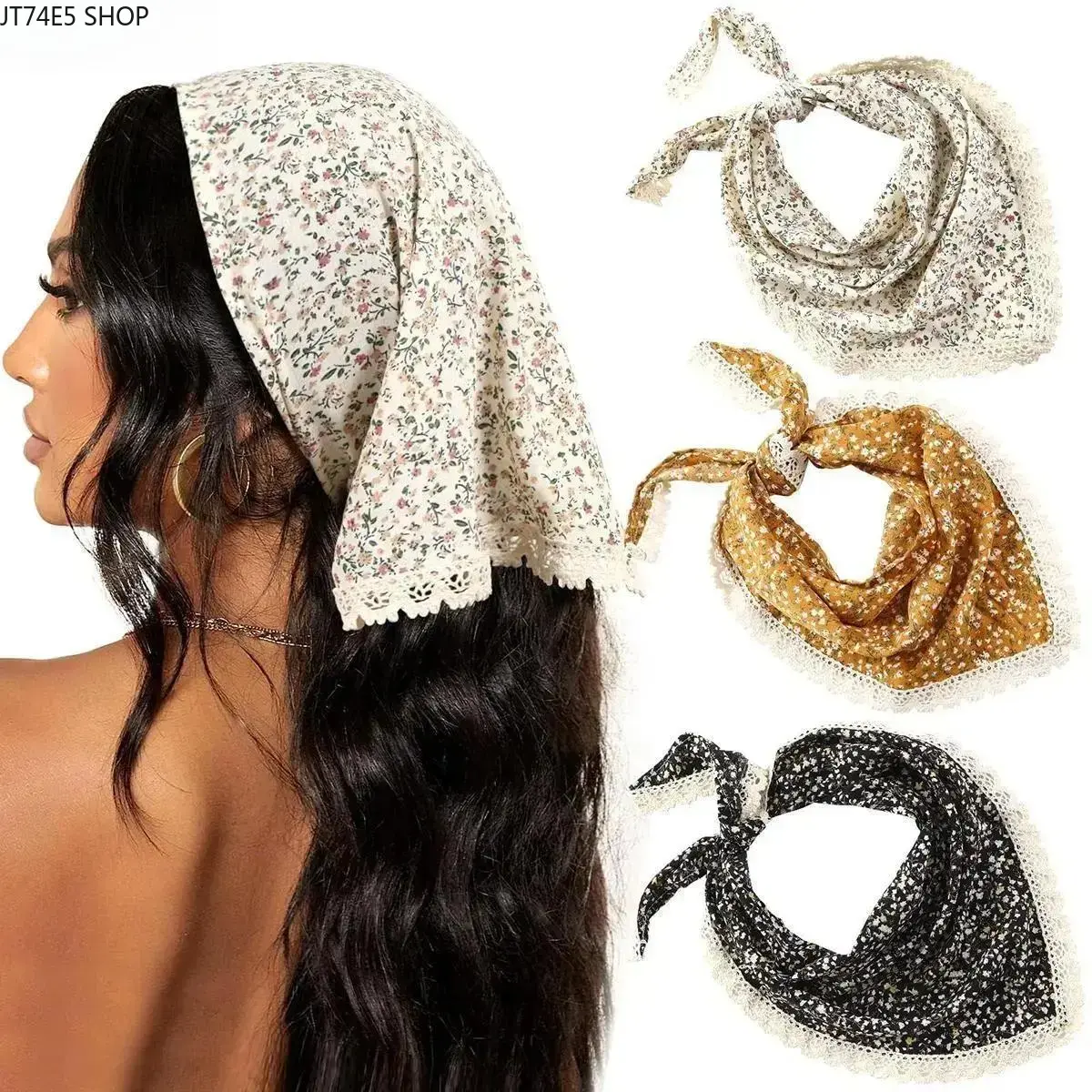 Women Boho Floral Chiffon Headband Set, Solid Color Lace Trim Kerchief Headwrap, Lightweight Breathable Hair Scarf Accessories