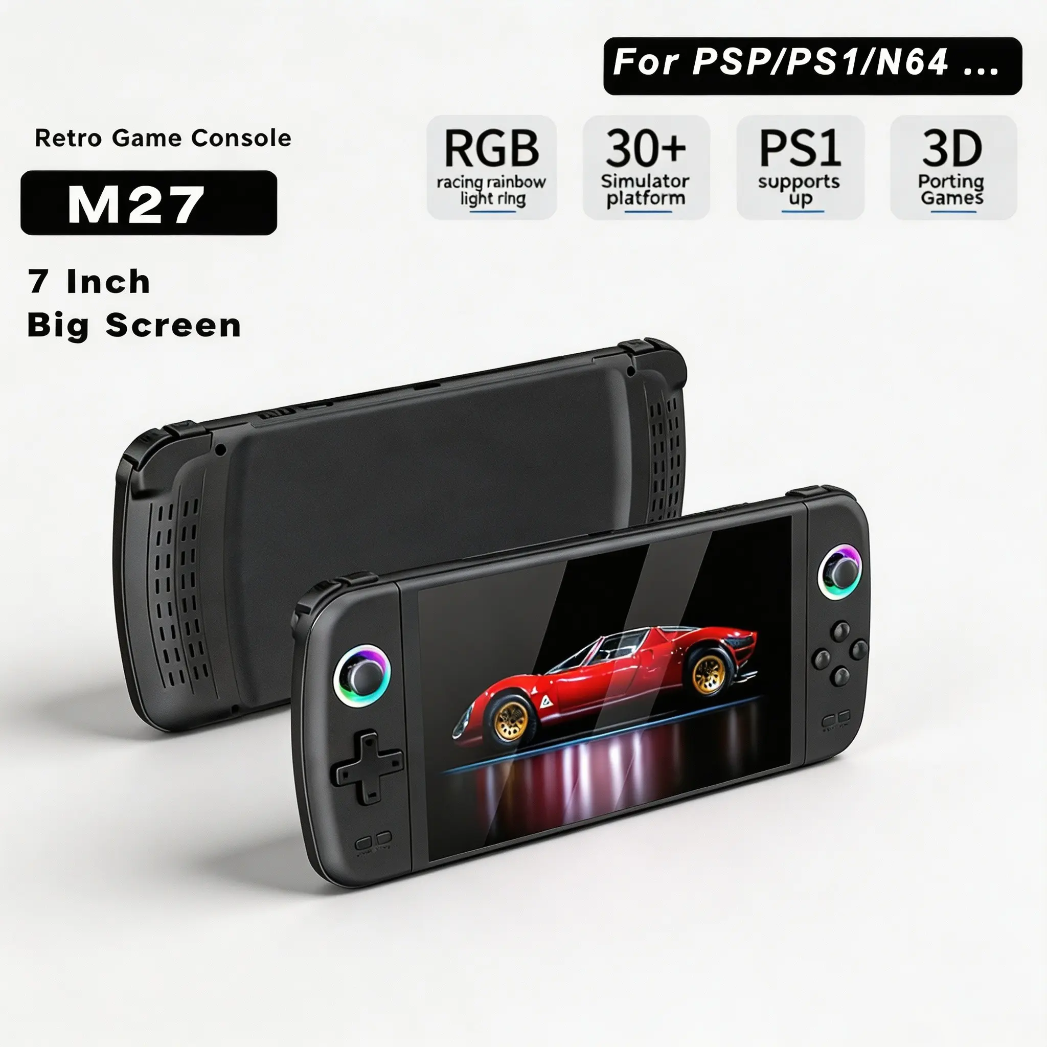 M27 portable pocket retro handheld game console, 7.0-inch large screen, 1024 * 600 resolution, supports LINUX Emelec system, 64GB memory, 3D stereo joystick, long battery life, suitable for retro gaming enthusiasts or camping parties, ideal gift choice