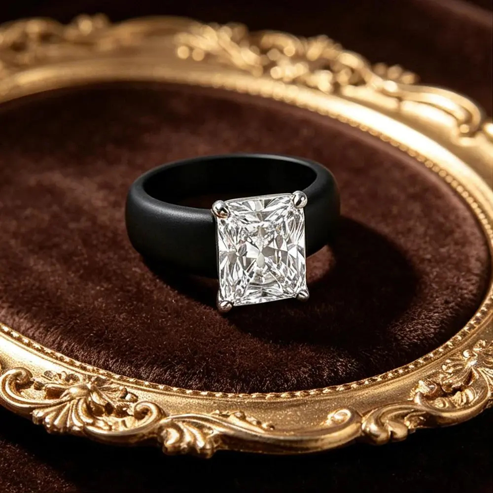 Trendy Oversized Square CZ Inlaid Matte Black Silicone Ring Flexible Wide Rubber Sports Wedding Rings Casual Daily Ladies Jewell