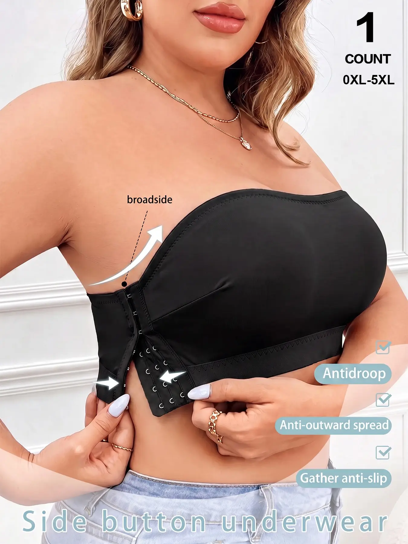 Women's Plus Size Side Buckle Strapless Bra, Wireless Push-Up Lingerie, Full Coverage Backless Bralette, Comfortable All Seasons