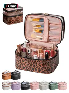 Large Makeup Bag with Brush Storage, Double Layer Cosmetic Bags for Women Girls, vanity bag, Waterproof Leather Toiletry Bag for Women, Travel Makeup Bag Skincare Bag with Zipper & Portable Handle, Makeup Organizer Pouch, Cosmetics Bag
