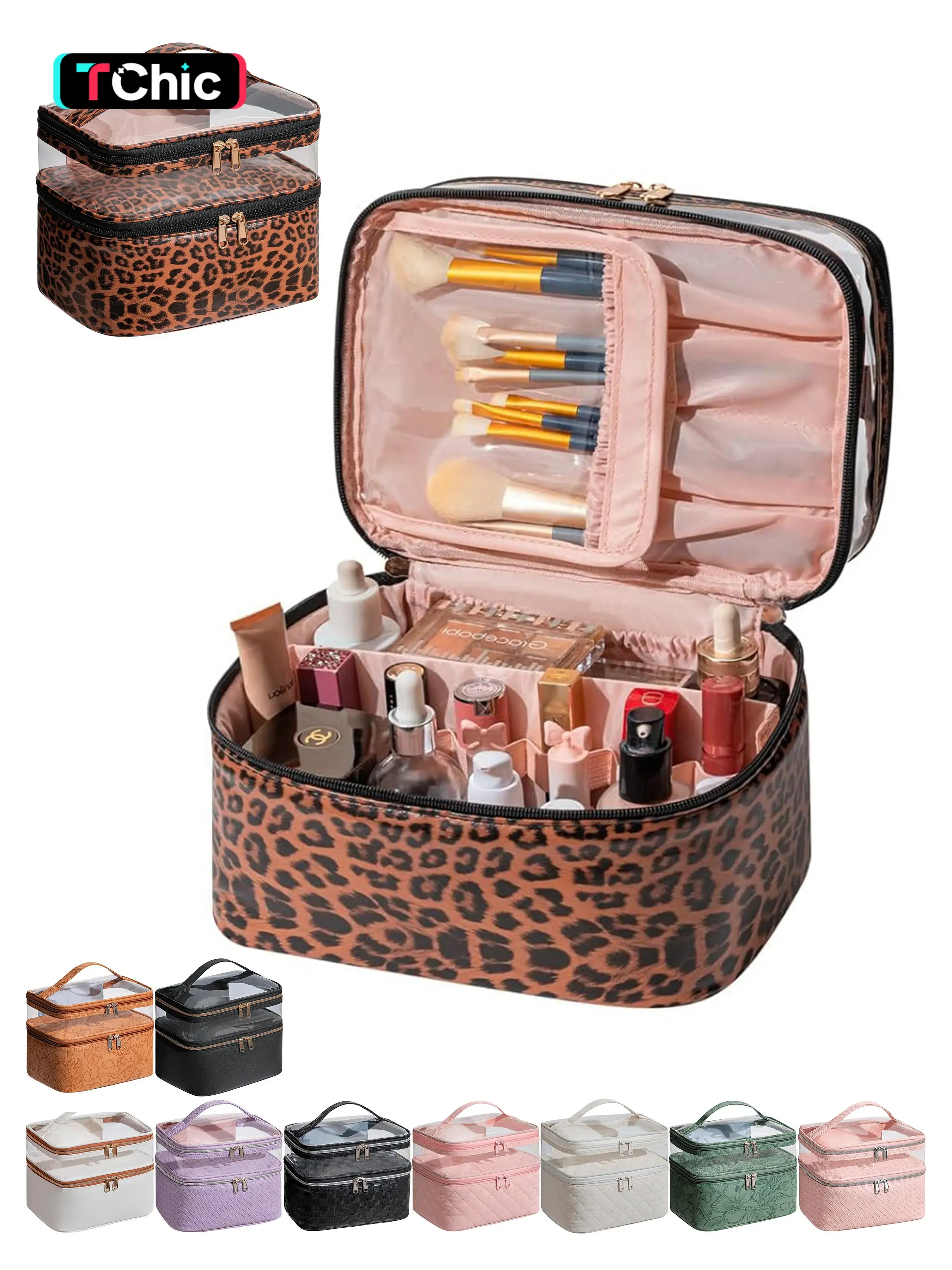 Large Makeup Bag with Brush Storage, Double Layer Cosmetic Bags for Women Girls, vanity bag, Waterproof Leather Toiletry Bag for Women, Travel Makeup Bag Skincare Bag with Zipper & Portable Handle, Makeup Organizer Bag
