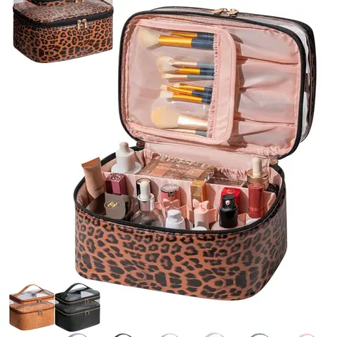 Large Makeup Bag with Brush Storage, Double Layer Cosmetic Bags for Women Girls, vanity bag, Waterproof Leather Toiletry Bag for Women, Travel Makeup Bag Skincare Bag with Zipper & Portable Handle, Makeup Organizer Bag, Travel Beauty Bag