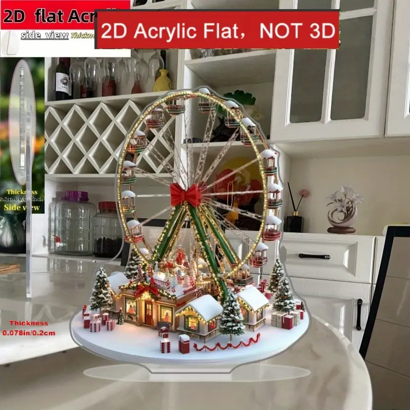 2D plan, 1 Ferris wheel decoration - Christmas and Winter Wonderland theme with snow scenery, red and green accents - Acrylic desktop decoration suitable for homes, offices, and farmhouses - No power required - Creative holiday and year-round gifts