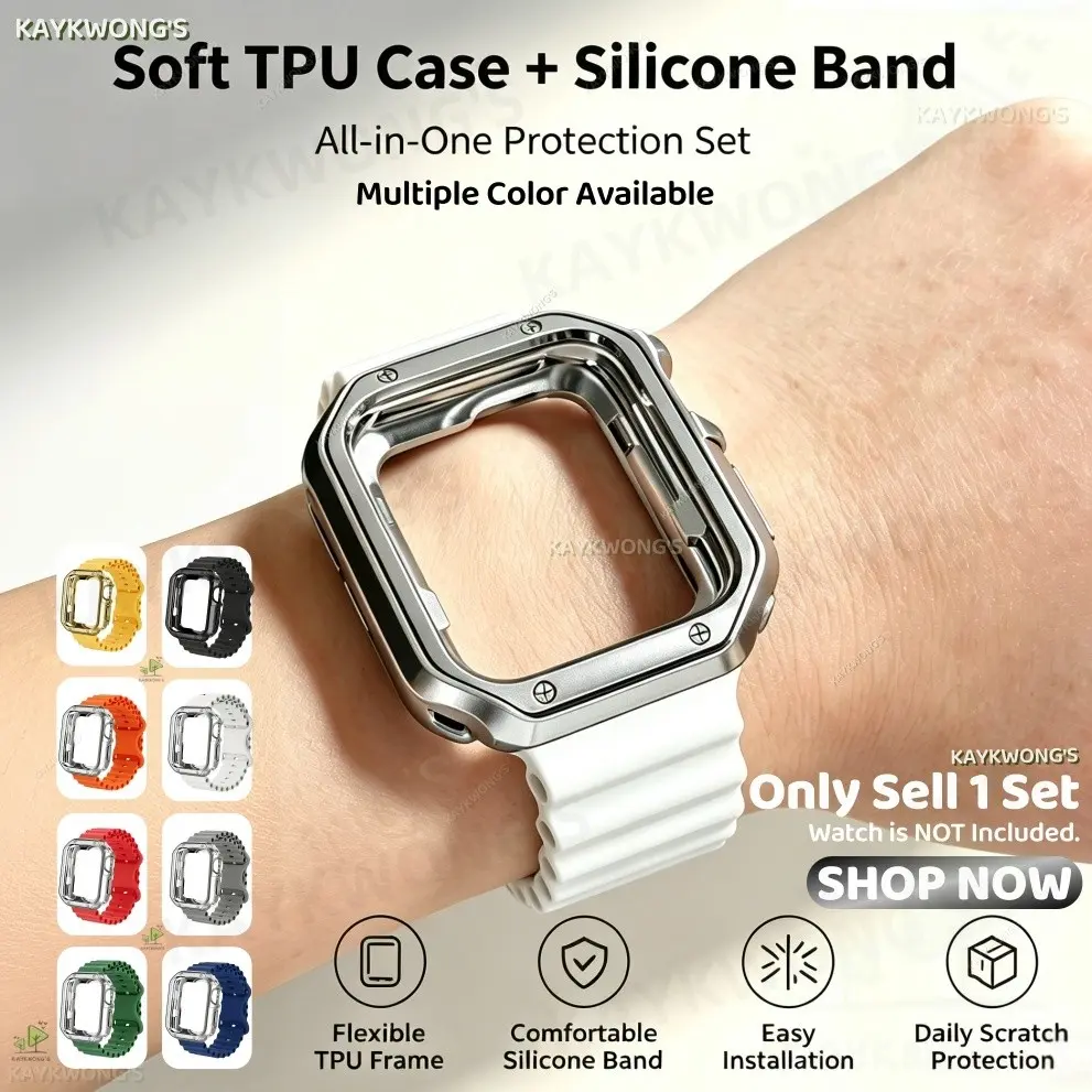 KAYKWONG'S Curved Wave Perforated Silicone Strap + Metal-Look Electroplated TPU Protective Watch Frame Case, All-in-one Watch Accessory Kit, Breathable Replacement Band Protective Cover For iWatch 11/10/9/8/7/6/5/4/3/2/1 Series, Size for 38mm-49mm
