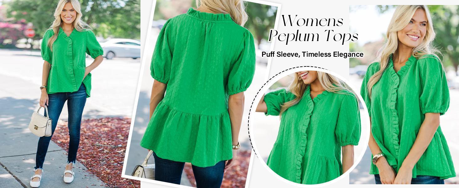 Fashare Womens Peplum Puff Sleeve Tops Dressy Casual Summer Textured Blouses V Neck Ruffle Pleated Shirts