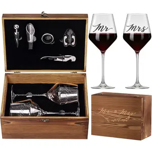 Wedding Anniversary Engagement Bridal Shower and Bachelorette Gifts for Couples Bride & Newlywed Engraved Mr and Mrs Wine Glasses with 5-Piece Wine Accessory Kit