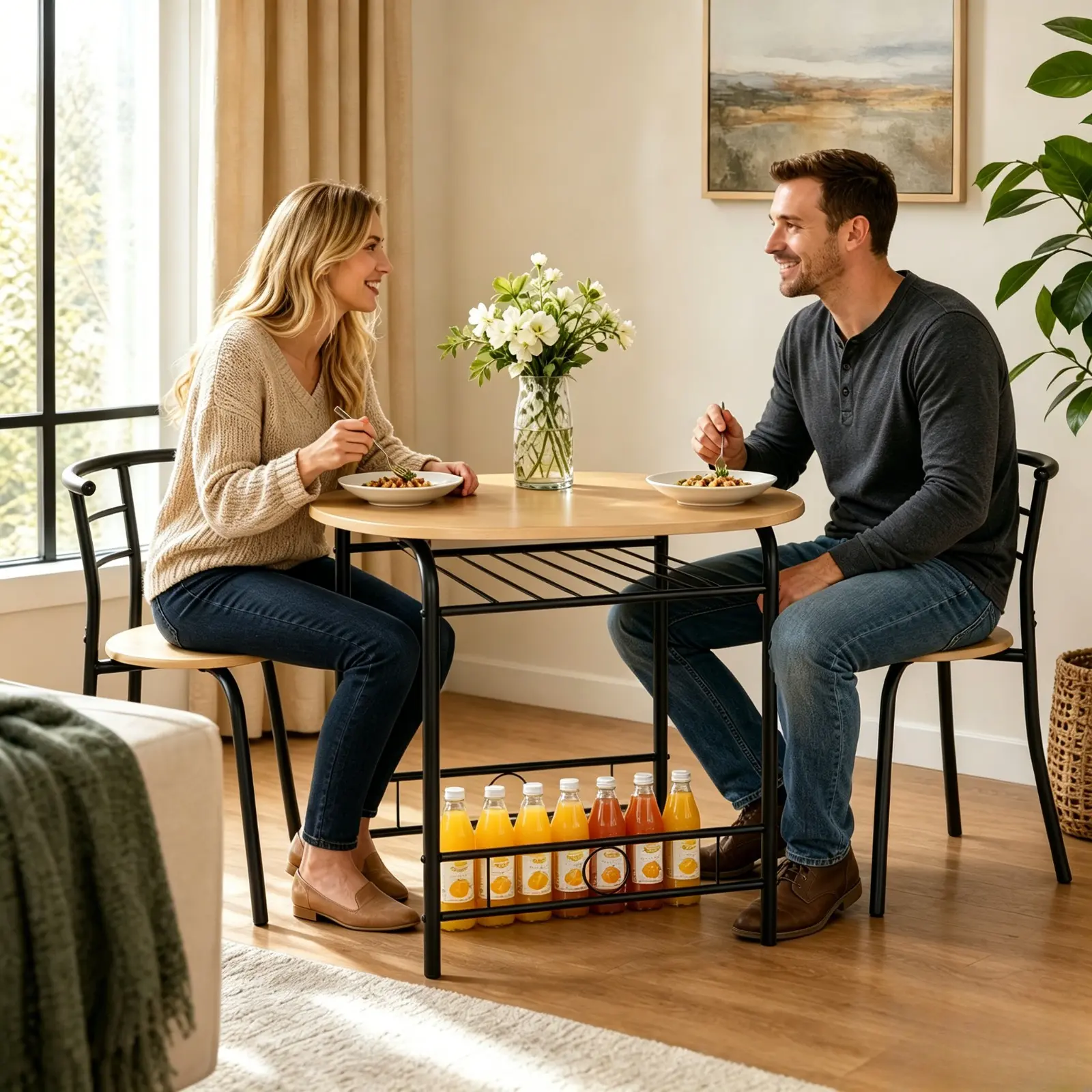 3pcs Dining Furniture Set, 2-Person Breakfast Dining Table Set, Minimalist Wooden Dining Table And 2 Chairs with Metal Frame, Space-Saving Dinette Set for Small Space, Kitchen, Dining Room, Apartment, Breakfast Nook, Balcony, Living Room