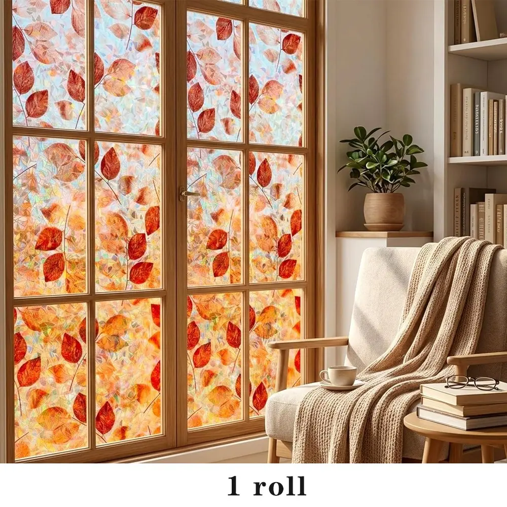 Colorful Floral Glass Window Film, Interior Film, Anti-Static Privacy Membrane, Decorative, UV Protection, Non-Sticky, Home Office Door, Maple Leaf 3D Frosted Film