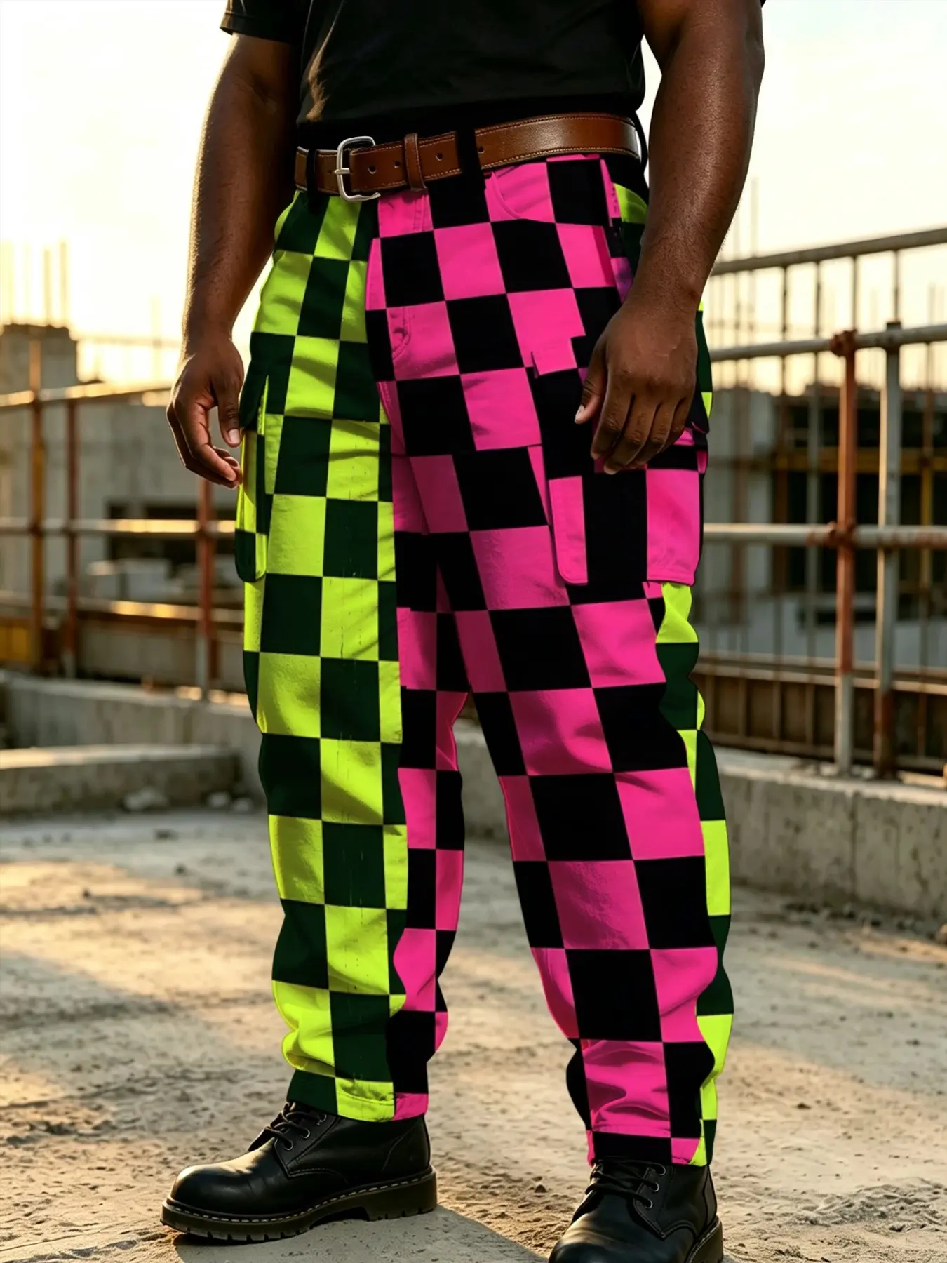 Trendy Patchwork Plaid Functional Workwear Pants, Checkered Dual Color, Pocket Matching Print, High Visibility, Casual Long Pants