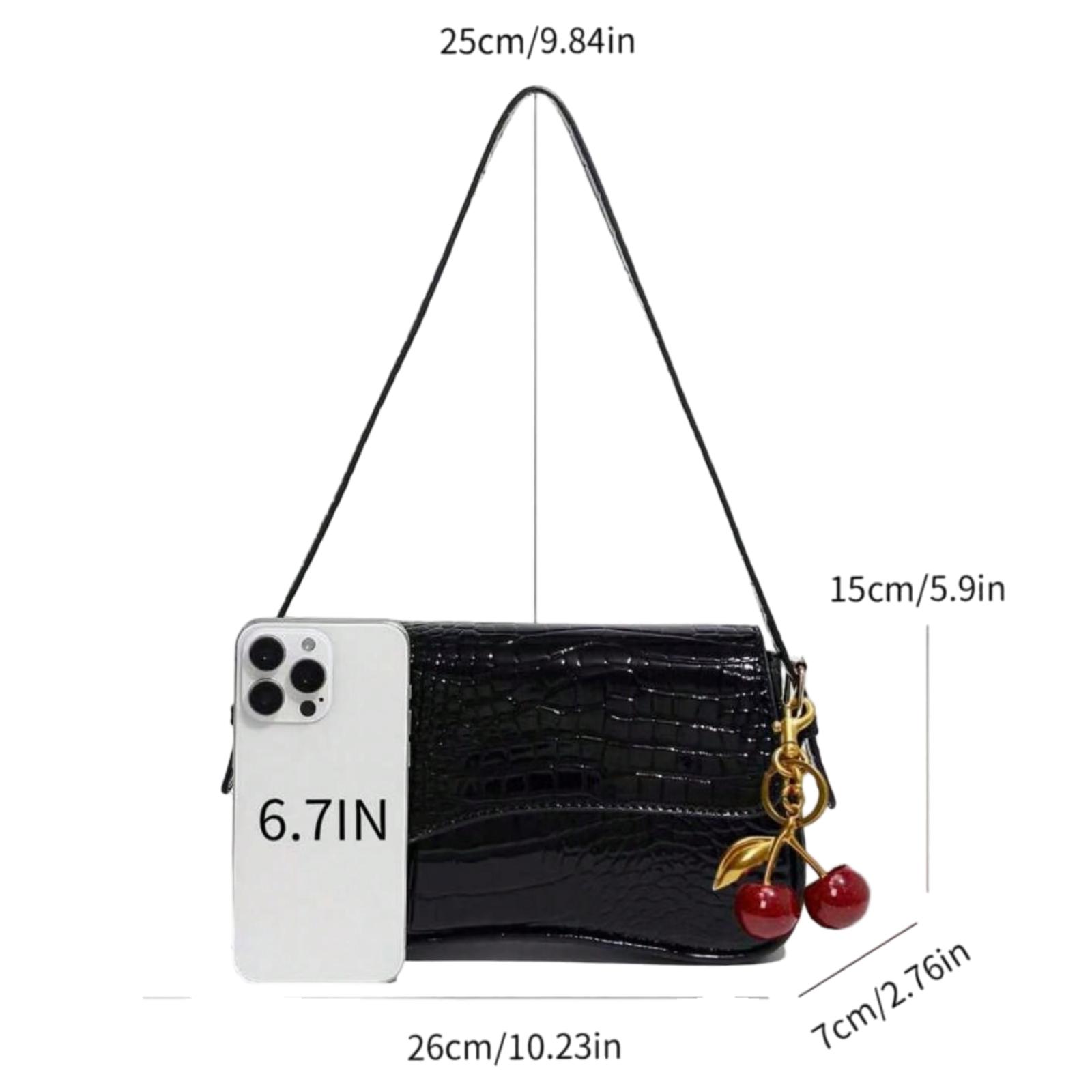 Women Faux Leather Shoulder Bag, Black Crocodile Pattern Square Bag, Versatile Patent Leather Purse, Y2K Crossbody/Underarm Bag, Fashionable Sling Bag, With Cherry Pendant Charm