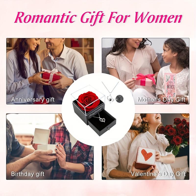 Forever Red Rose Gift Box with Necklace - Real eternal rose with women necklace inside, Enchanted Real Rose Flower for Valentine's Day Anniversary Wedding Romantic Gifts for Her.