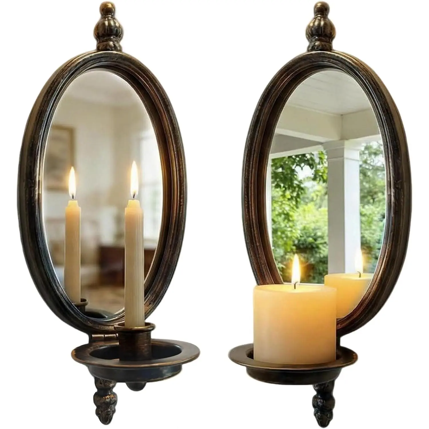 2 Pack Metal Wall Sconces, Heavy Mirror Taper Candle Sconce,Antique Bronze Pillar Candle Holder,Home Decoration