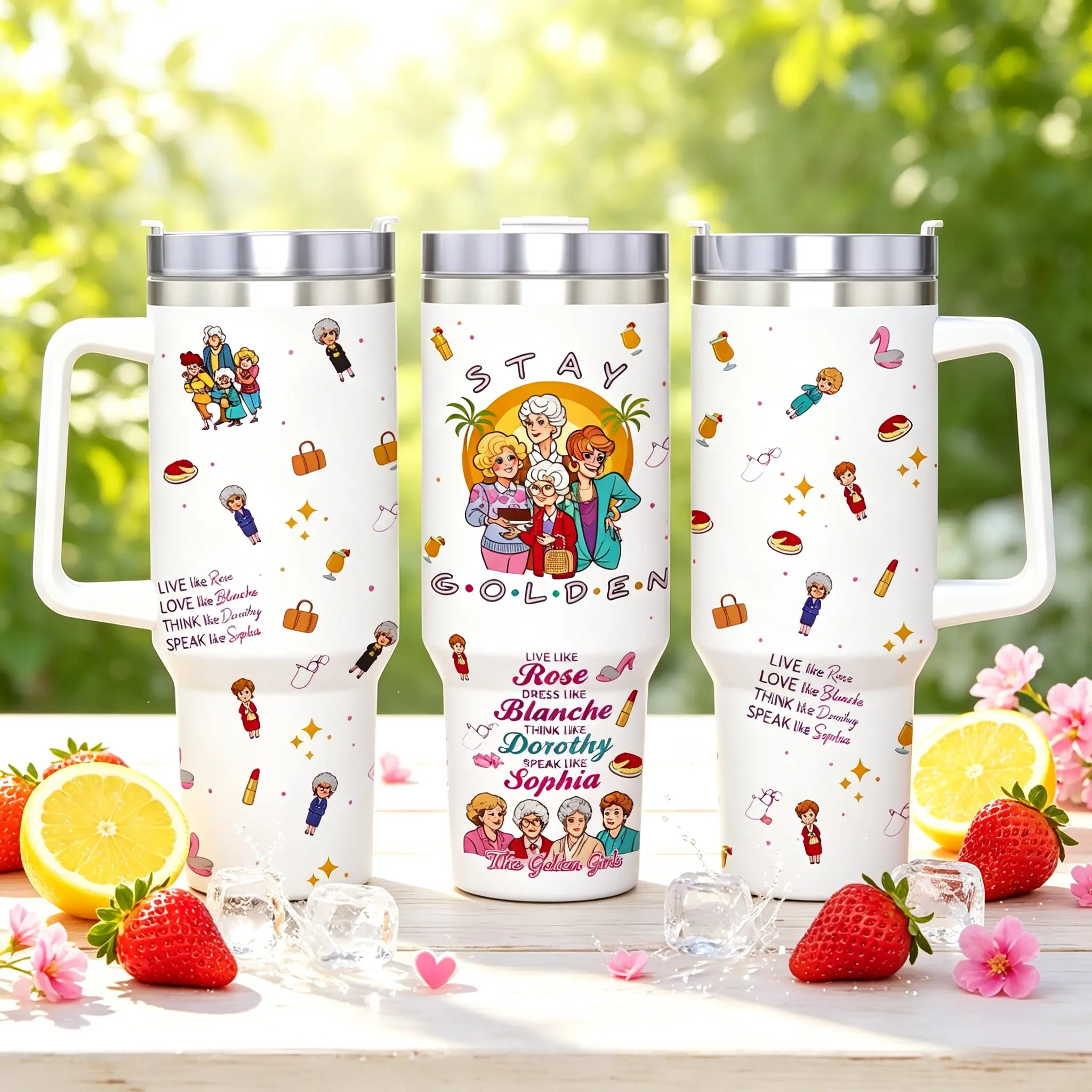 The Golden Girls 40oz Handle Tumbler, Stainless Steel Insulated Travel Cup, Live Like Rose Speak Like Sophia Cartoon Print Mug, Portable Water Cup For Car Outdoor, Fans Gift Drinkware
