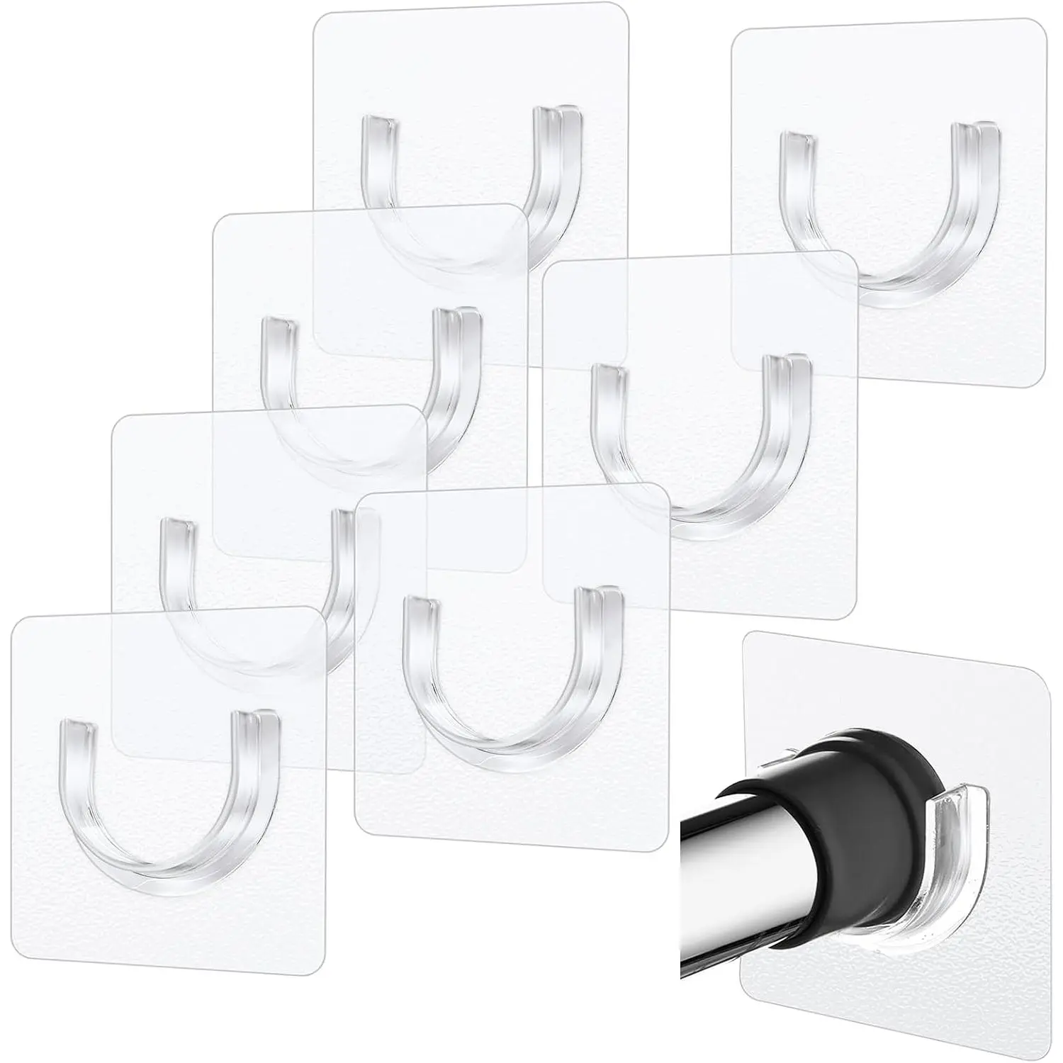 Modern Shower Curtain Rod with 8 No-Drill Adhesive Self-Stick Peel-and-Mount Plastic Retainer Brackets, Tension Holders, Curved Clips, Closet Hooks for Bathroom & Wardrobe Support