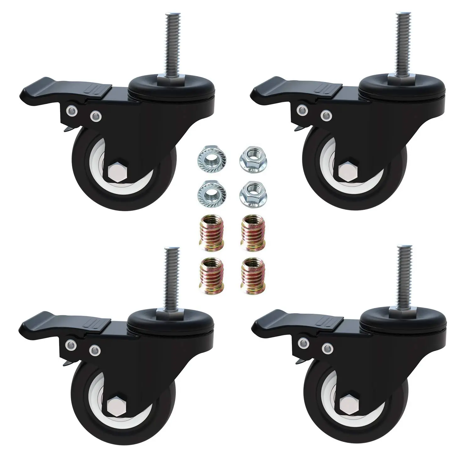 AAGUT 1.5" Caster Wheels, Threaded Stem Casters, Screwed Bolt M8x25mm | Swivel Wheels with Brake, No Noise Castors for furniture, electric appliance, tool boxes, trolleys