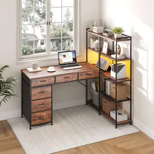 Garvee L Shaped Gaming Computer Desk with Storage Shelves, 6 Fabric Drawers, Corner Gaming Desk with Open Shelves, Home Office PC Table with Power Outlets & LED Lights, 58.3" l*54.3" h