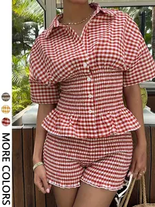 Women's Casual Plaid Fitted Short Sleeve Shirt & Shorts Set, Ruched Flounce Design, Summer Vacation Essential, Clothes
