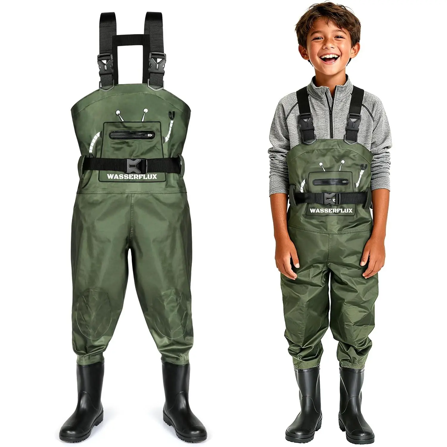 Kids Waterproof Bootfoot Chest Waders, PVC Fishing Waders with Reinforced Knees & Reflective Strips for Boys & Girls