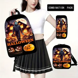 Back-to-school 3-piece horror movie-themed backpack set, featuring adjustable shoulder straps, zip closure, hand washable, suitable for all ages - includes travel decals and printed details.