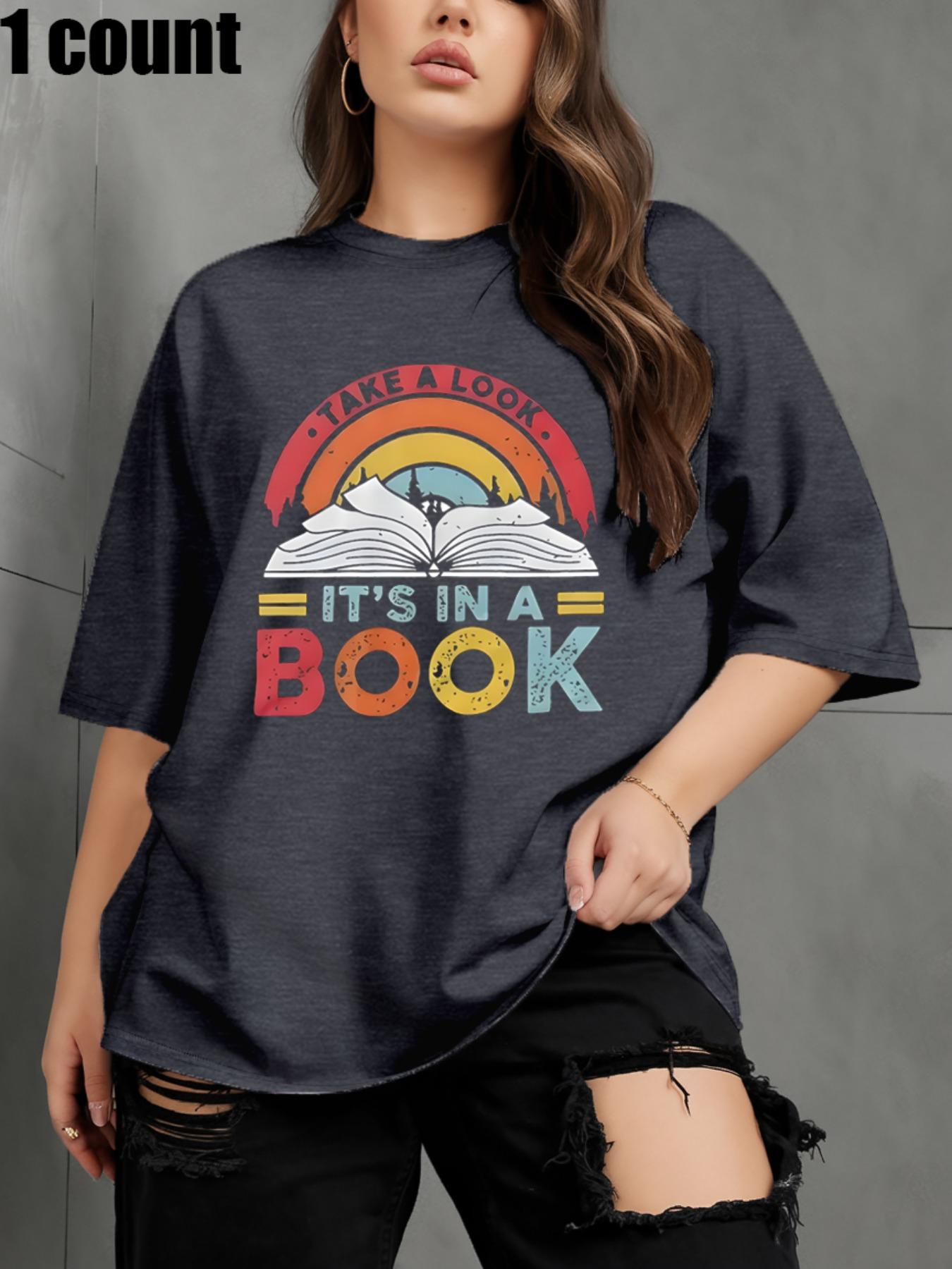 【Plus Size】 Book & Letter Print Round Neck Tee, Fashion Casual Crew Neck Short Sleeve T-Shirt for Daily Outdoor Wear, Women Tops for All Seasons