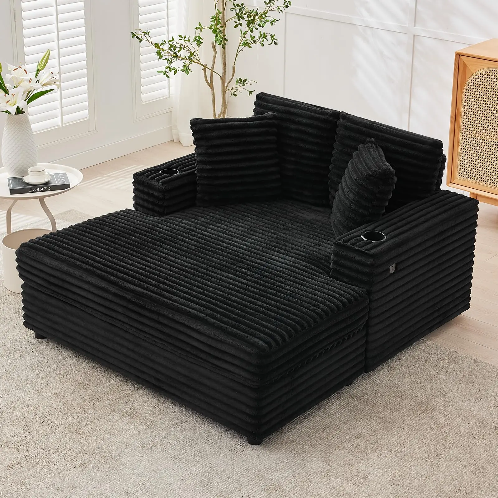 Garvee Oversized Chaise Lounge Chair with Corduroy Upholstery, Charging Ports, Cup Holders, Throw Pillows, and Wide Arms, Ideal for Living Room or Bedroom, 56x60 Inches