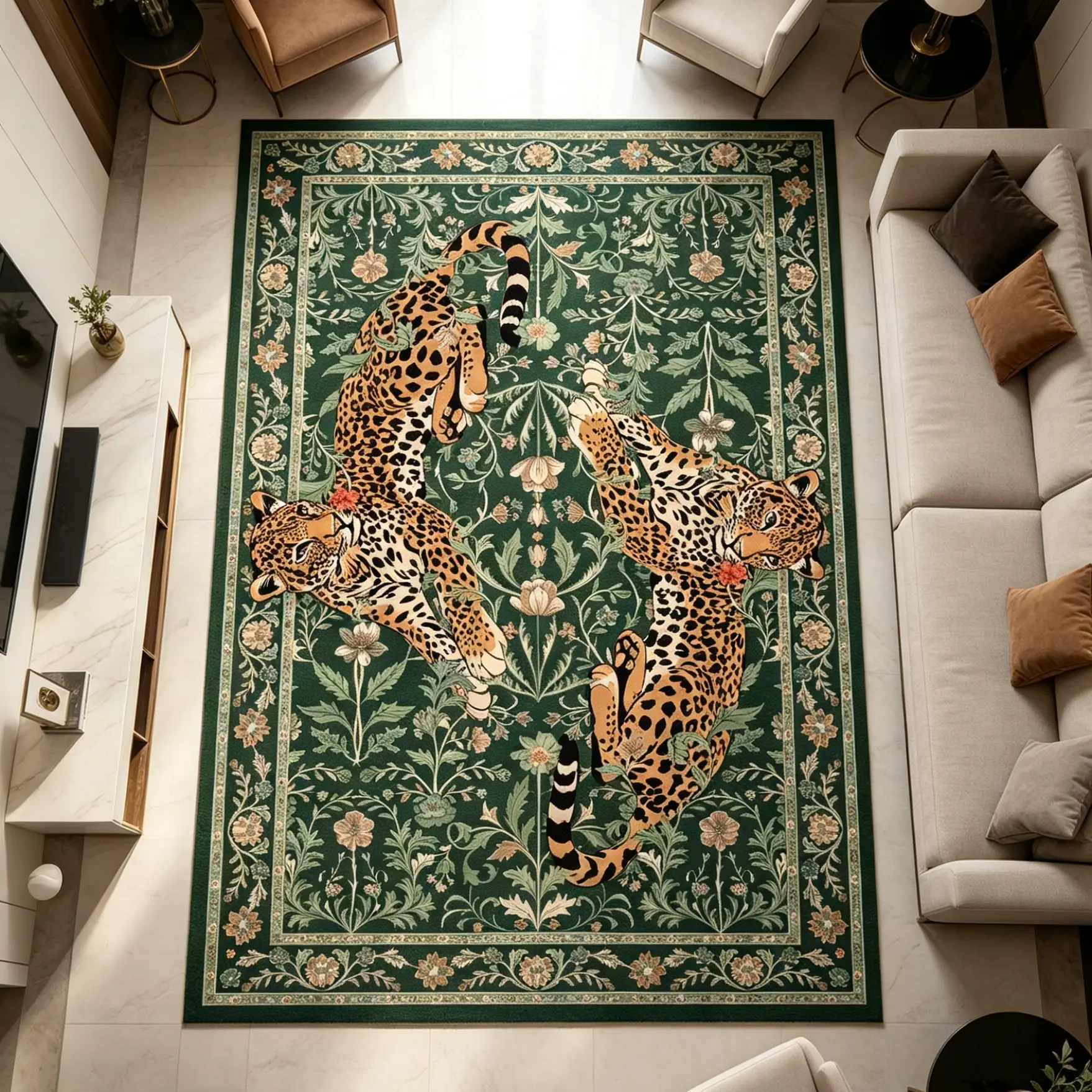 Green Vintage Persian Leopard Floral Rug, Large Area Living Room Bedroom Carpet, Foldable, Non-Slip, Home Decor