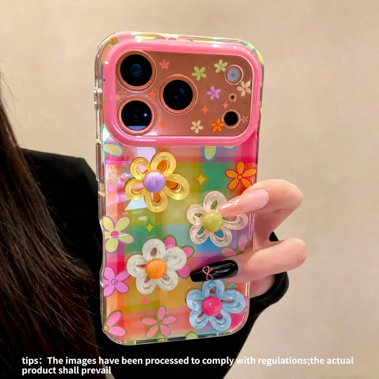 Koolife Dopamine Rainbow Plaid Phone Case, 3D Flower Decor PC+TPU Dual-Layer Shockproof Cover for iPhone 17/17Pro/17ProMax/16/15/14/13/12/11 Series, Y2K Sweet Girl Ins Style Cute Protective Casing