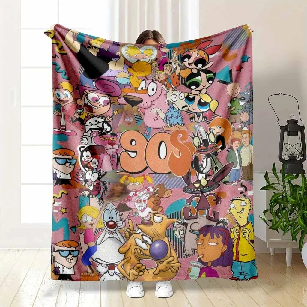 90s Nostalgic Cartoon Character Collage Flannel Fleece Throw Blanket, cooling blankets cooling blanket blankets quince bedding, Wrinkle Resistant Ultra Soft Lightweight Plush Warm Blanket Teen Adult Bedroom Home Decor Birthday Gift Retro Cartoon Fans