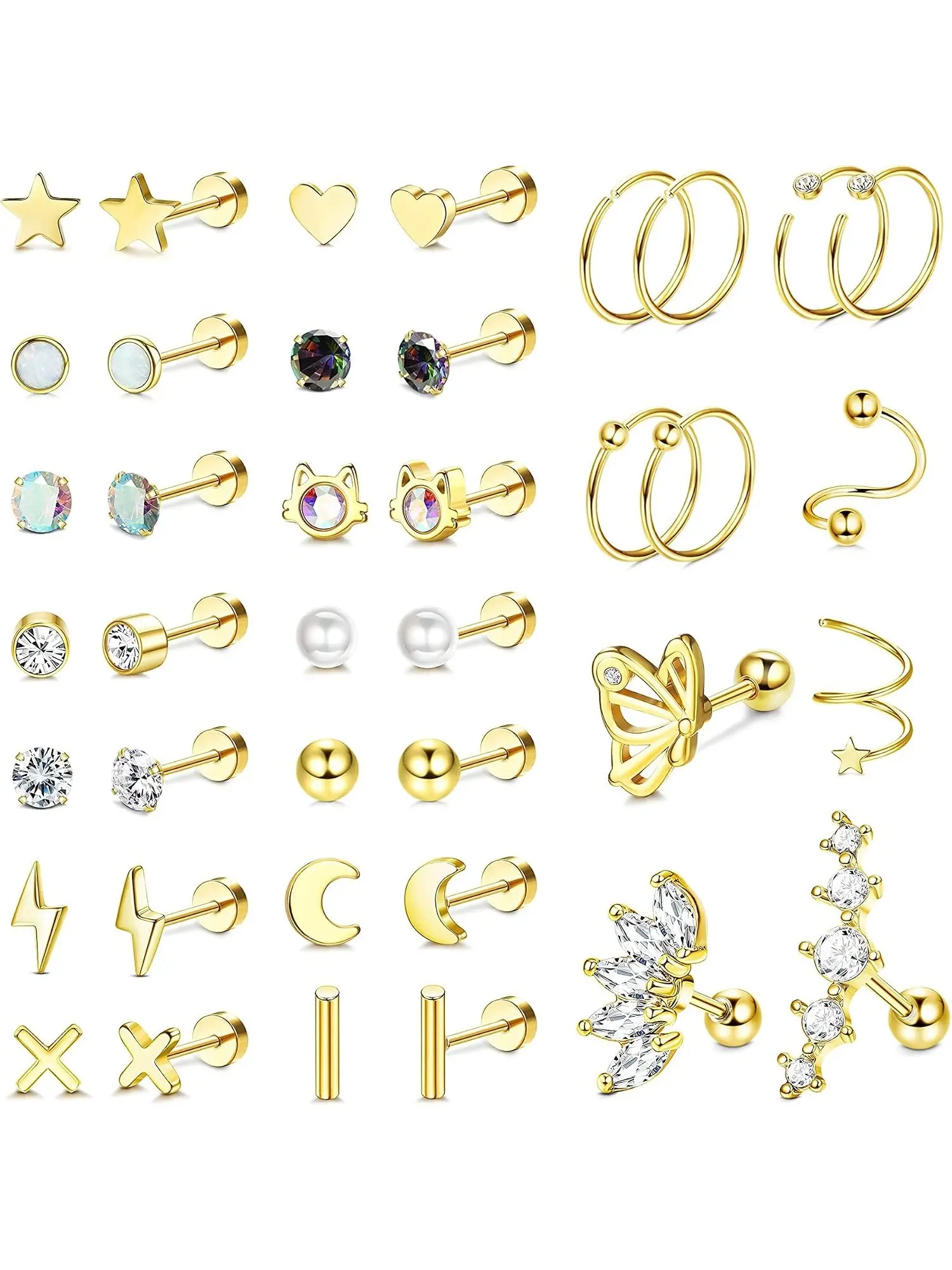 20G Women Stainless Steel Flat Back Screw Back Earring Set, Tiny CZ Opal Butterfly Studs & Hoops Comfortable Piercing Jewelry For Helix Tragus Daith Cartilage