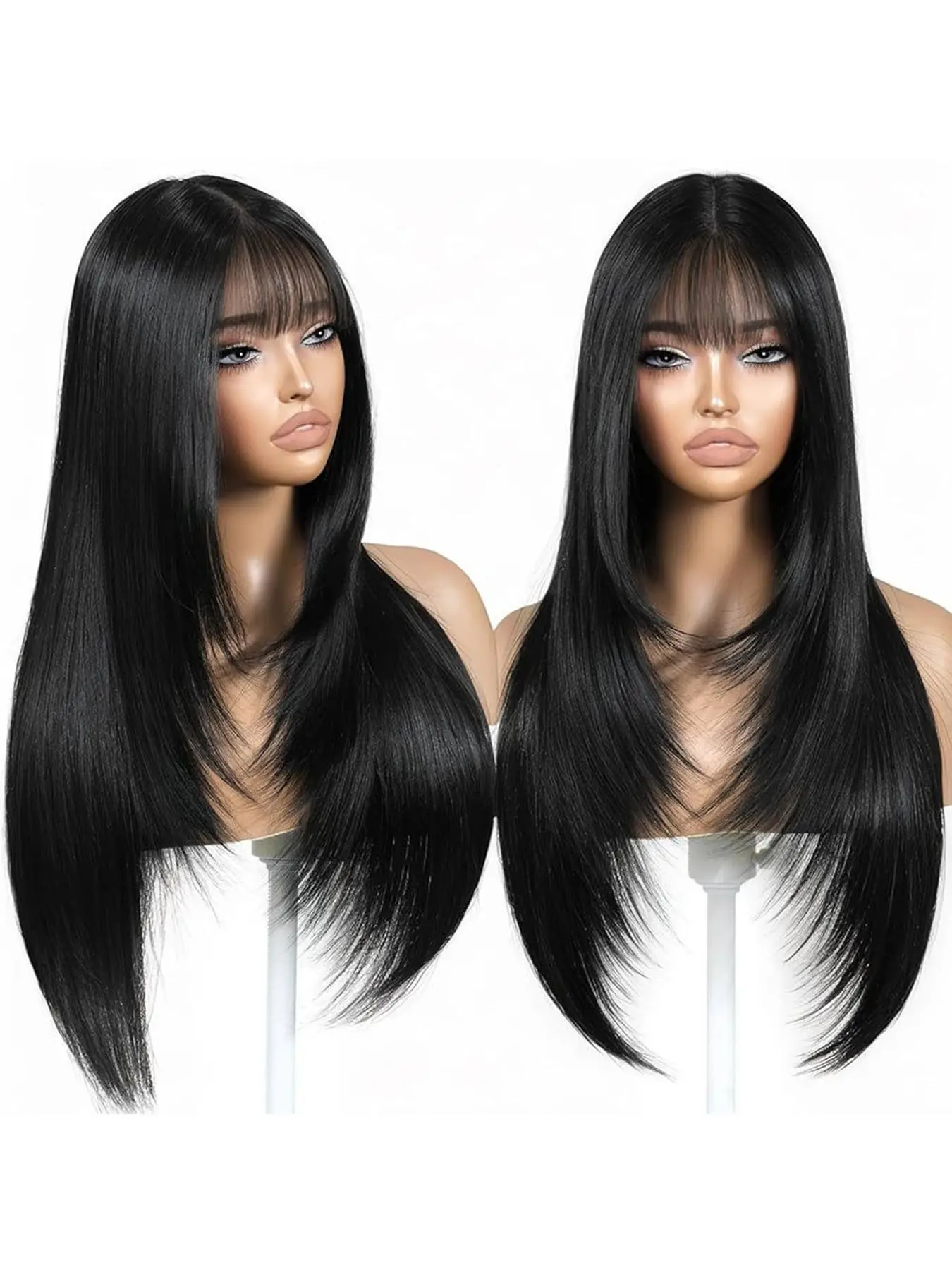 200% Density 26 Inch Black Wig with Bangs Long Black Wig for Women Synthetic Heat-Resistant Hair Layered Style Hair for Daily and Party Use Straight Layered Wigs