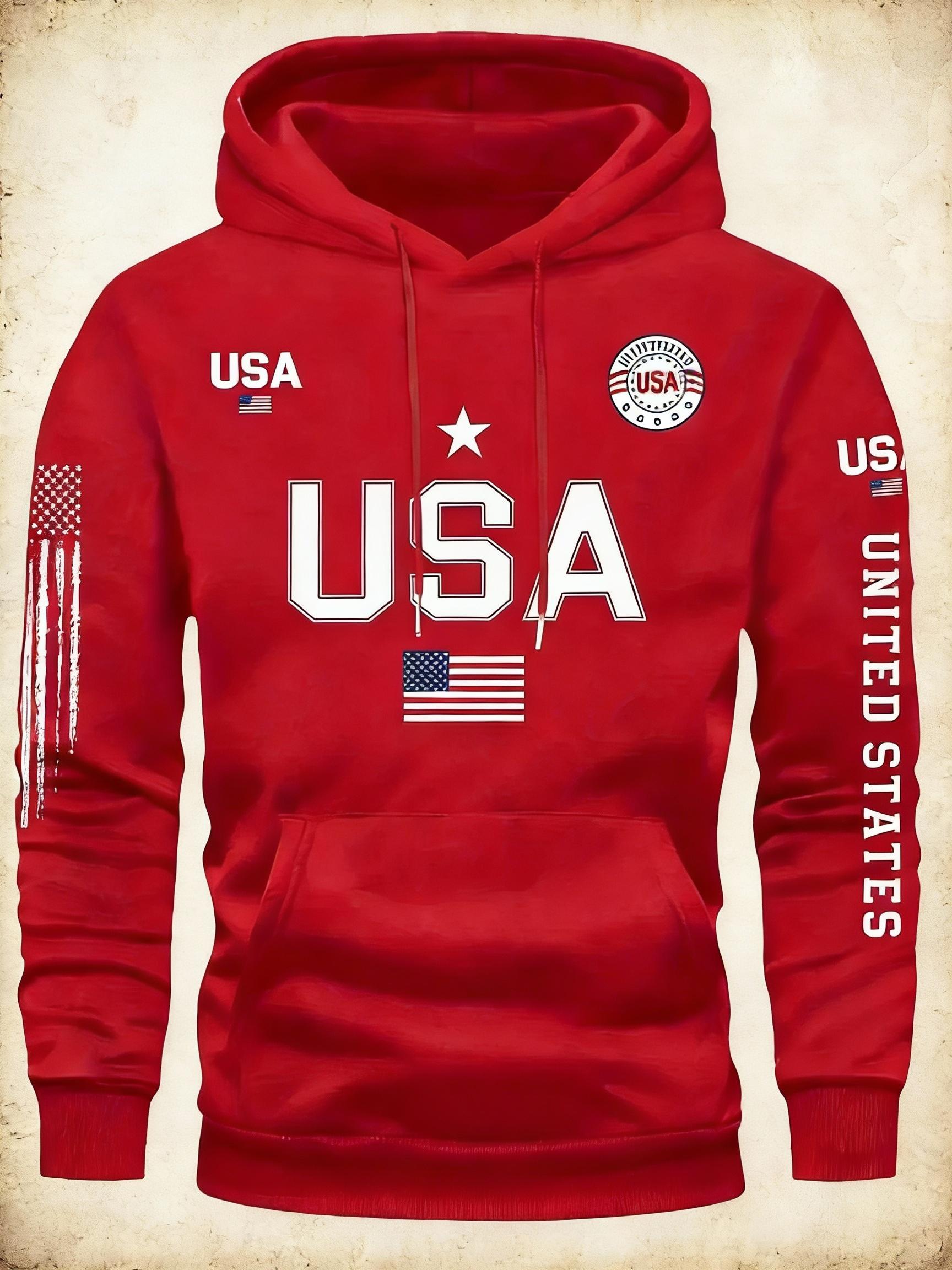Streetwear USA Hoodie Men's Red Loose Hoodie Flag Element Top