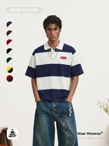 Vintage Striped Rugby Polo Shirt, Multi-Color Stripes, Loose Fit Short Sleeve Casual Top, Breathable Fashionable Short Sleeve Polo