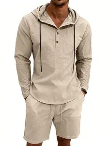 Men's slim texture linen two-piece set - half-button Henry collar hooded long-sleeved + shorts beach casual outfit, loose and breathable, men's summer clothing, outdoor sports outfit, daily casual men's clothing