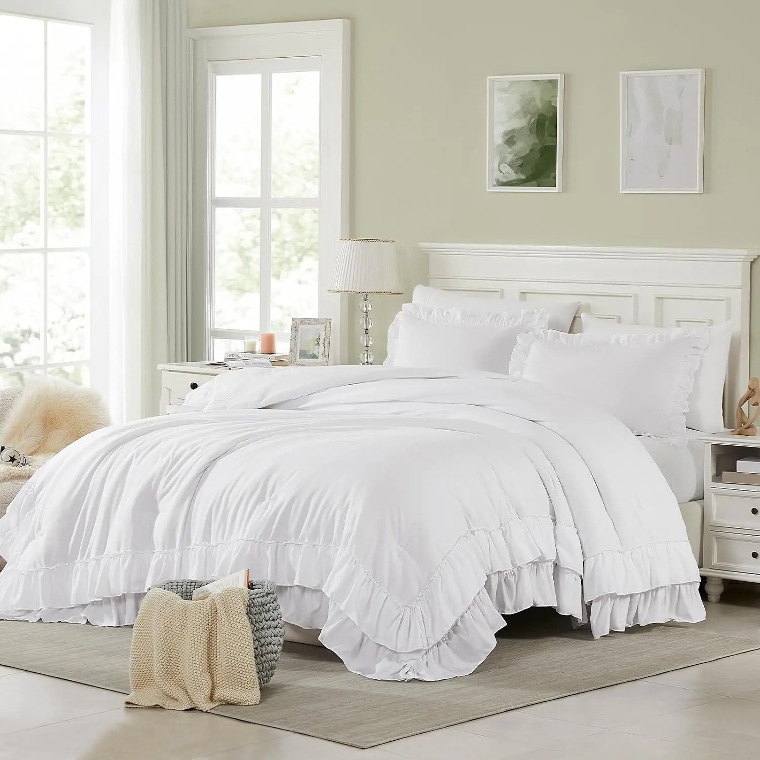 White Queen Comforter Set, 3Pcs Ruffle Comforters Queen/Full Size Farmhouse Bedding Sets with Comforter, Lightweight Fluffy Soft Shabby Chic Bedding Comforter Sets
