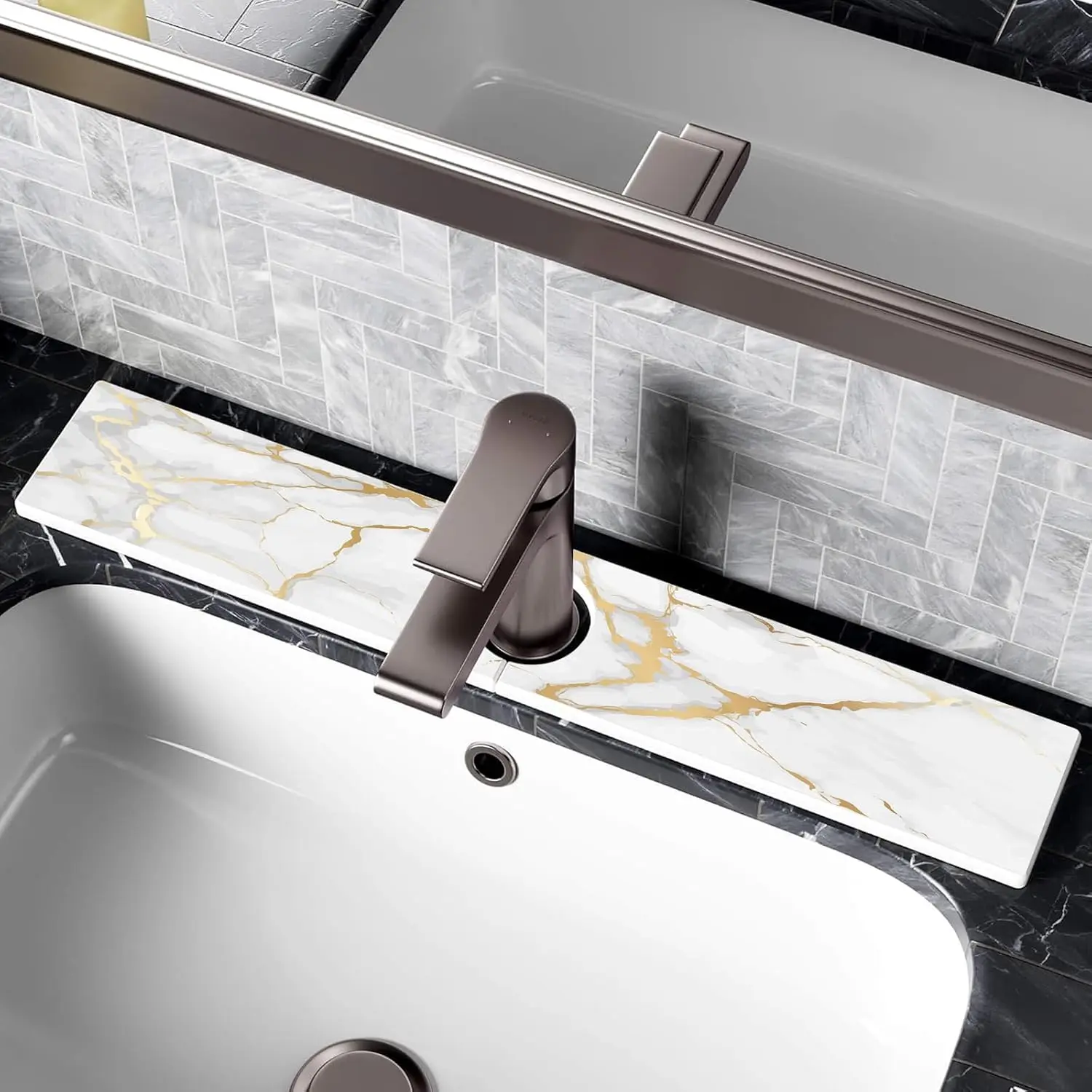 White Marble Diatomite Stone Faucet Mat - 23.6" x 3.9" Absorbs Water Kitchen Sink Splash Guard, Decorative Modern Decor Absorbent Tray for Kitchen/Bath Counter, Decoration, Marble Look