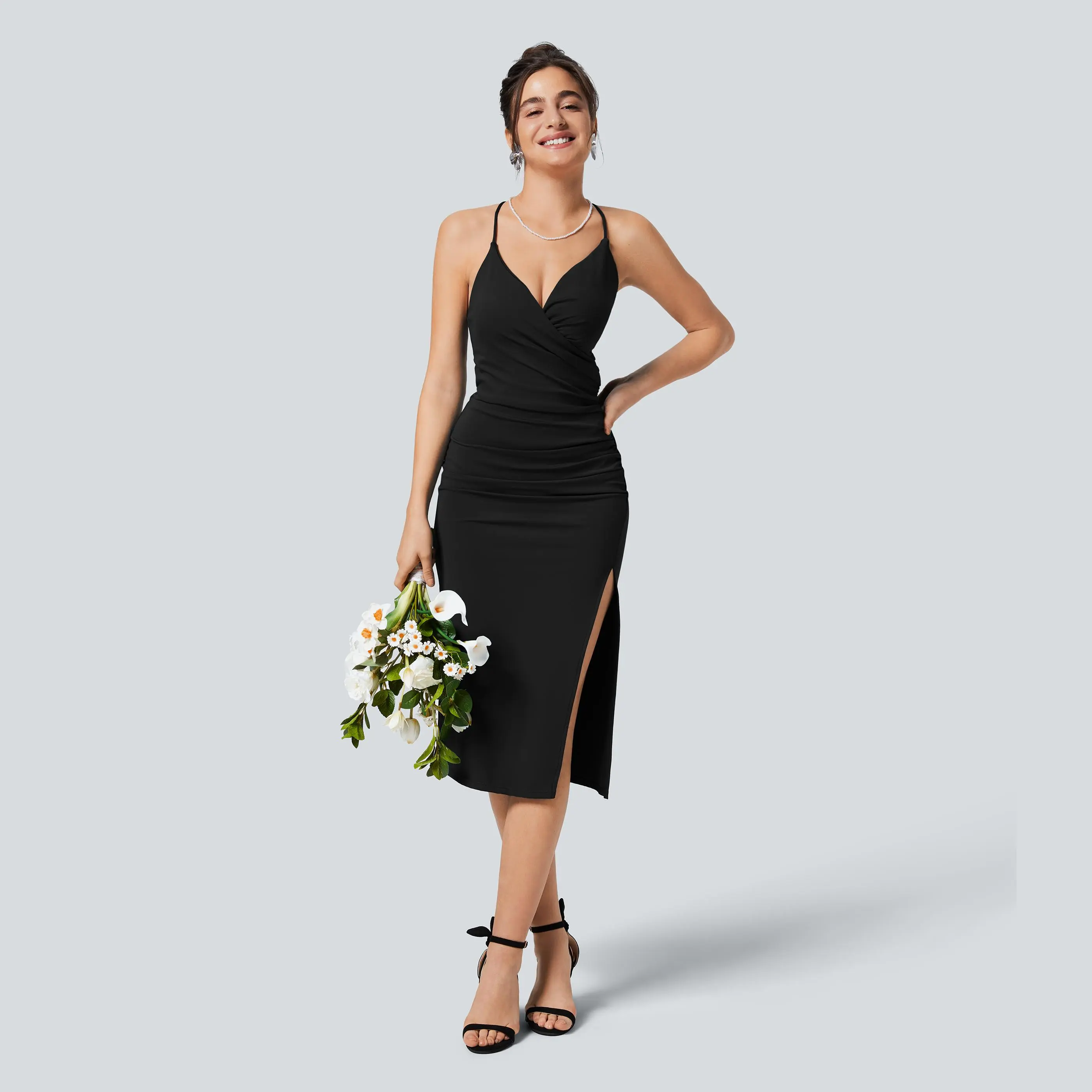 Halara Softlyzero™ Airy Crossover Ruched Backless Lace Up Split Bodycon Cool Touch Bridesmaid and Wedding Guest Dress-UPF50+